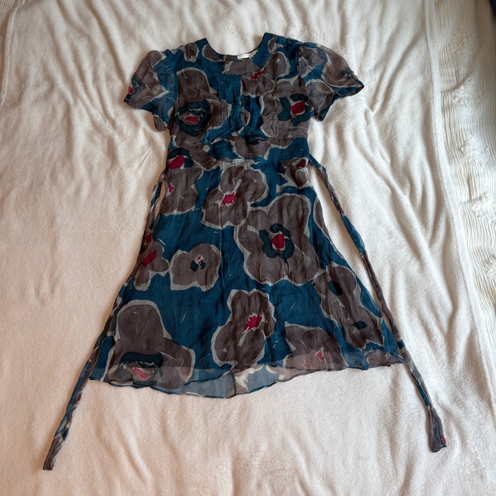 Walter 100% Silk Floral Mini Dress Teal Grey Empire Waist Keyhole Back Size 10